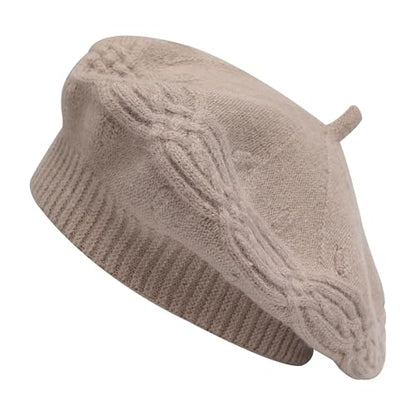 ZLYC Women French Beret Hat Reversible Solid Color Knit Warm Artist Cap - color: Cable Knit Light Coffee