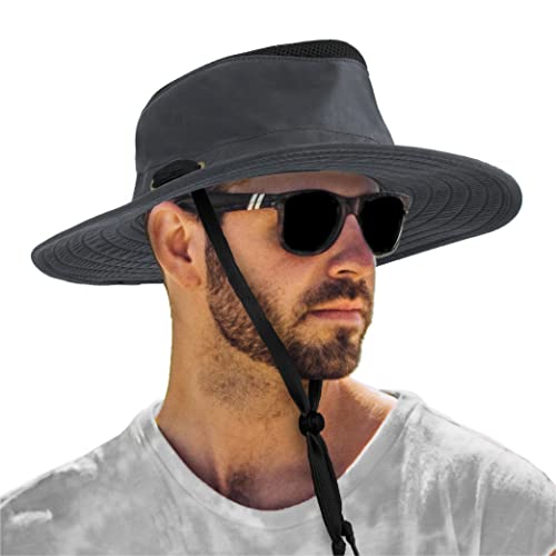 SUN CUBE Wide Brim Sun Hat for Men Women UPF 50+ UV Protection Safari Boonie Hat with Chin Strap, Pocket, Fishing Hiking Hat - color: Gray