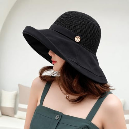 Women Wide Brim Sun Hats Metal Wired Edge Summer UV Protection Beach Fishing Hat for Hiking Garden Travel Chin Strap - color: B2-fyu001-black, size: One Size