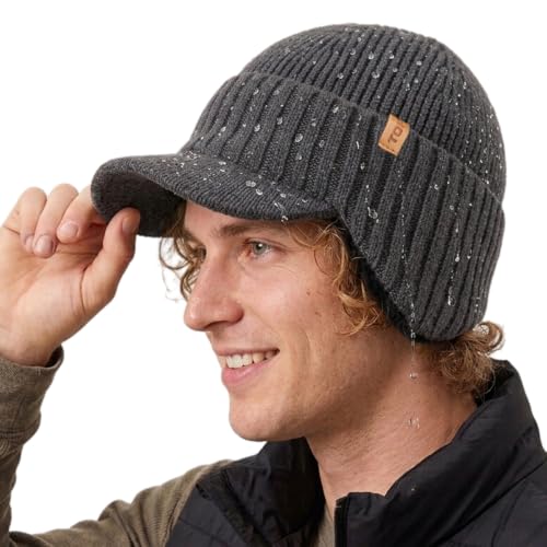 Large Head Waterproof Brim Beanie Winter Hat Men Merino Wool Fleece - color: Gray, size: X-Large-XX-Large