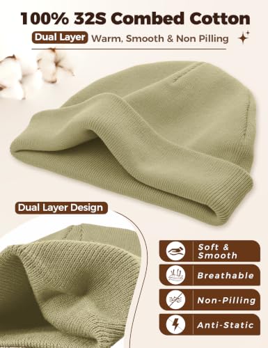 ROYBENS 100% Cotton Cuffless Beanie for Men Women Knit Fisherman Skull Cap - color: Khaki