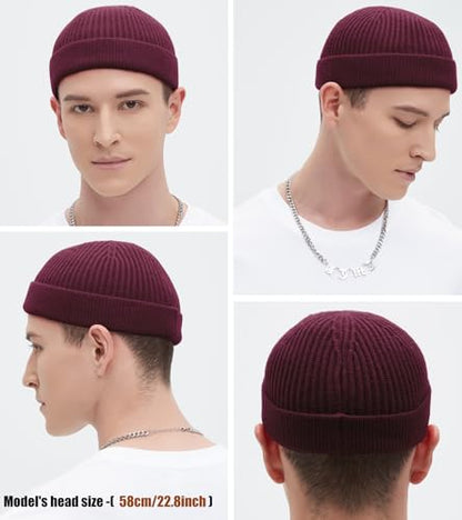Wool Fisherman Beanie for Men Wome, Thin Knit Winter Hats Skull Cap - color: Wine Red