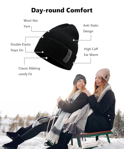 EMPIRELION Wool-Like Cuff Beanie, 0% Wool Itch-Free, Thick Thermal Knit Warm Winter Hats,Soft Stretch Outdoor Cap - color: Black