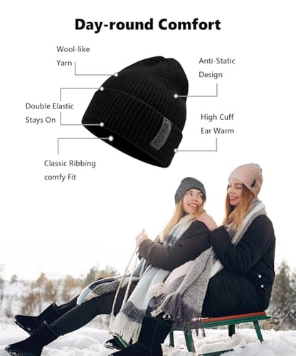 EMPIRELION Wool-Like Cuff Beanie, 0% Wool Itch-Free, Thick Thermal Knit Warm Winter Hats,Soft Stretch Outdoor Cap - color: Black