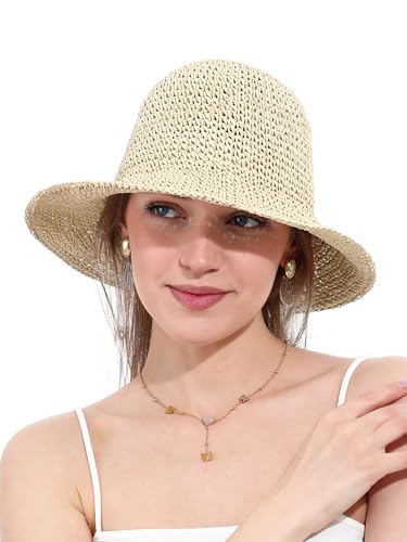 sy soul young Women's Straw Sunhat Wide Brim Hand Woven Beach Bucket Hat - color: Beige