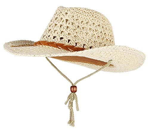 GEMVIE Baby Toddler Kids Sun Straw Western Cowboy Hat Wide Brim with Chin Strap - color: Beige