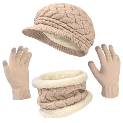 Loritta 3 in 1 Womens Winter Hat Gloves Scarf Set, Warm Hat Mittens - color: Khaki