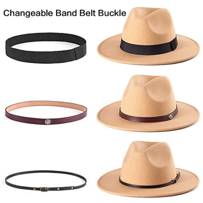Felt Wide Brim Fedora Hats for Women Men, with Band Belt Buckle, Adjustable - color: P01 Khaki
