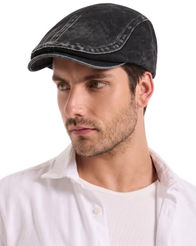 ZLYC Men Cotton Flat Cap Summer Scally Newsboy Beret Driver Hat - color: Washed Black