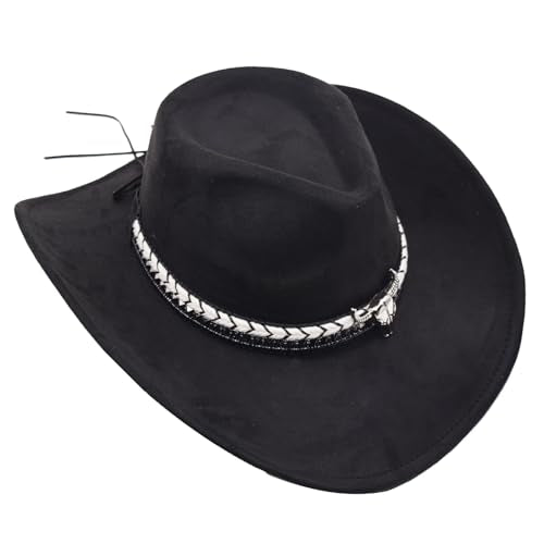 Women Men Western Cowboy Cowgirl Hat with Buckle Belt Wide Brim Outdoor Fedora Hats - color: Black