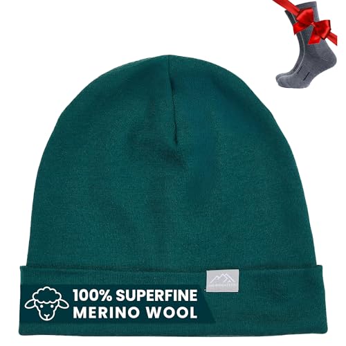 100% Merino Wool Beanie for Women, Men - Set Adult Skull Cap 17.5um & Socks - color: Forest Green, size: Small-Medium
