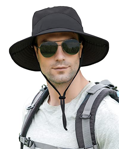 Mens Sun Hat Wide Brim Breathable Mesh UPF 50+ Waterproof Fishing Hat Safari Hat Foldable Boonie Cap - color: Black