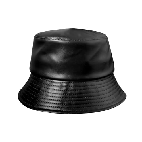 Eigso Unisex Womens Black Leather Bucket Hat Fashion Classic Vintage Hip Hop 80s Hiking Outdoor Fishrman Cap for Woman Man