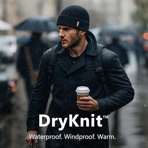 TOP-EX DryKnit™ Waterproof L/XL/XXL Winter Fleece Lined Beanie Hat for Men Women Warm Knit Watch Skull Cap Cold Weather - color: Black(sentinel), size: Medium-Large