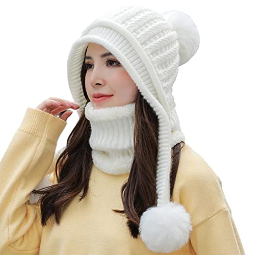 HUAMULAN Women Winter Knit Beanie Hat Circle Scarf Set Pompoms Ear Flaps - color: White Solid