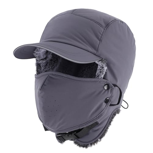 Home Prefer Waterproof Mens Faux Fur Trooper Trapper Hat Hunting Warm Winter Hat with Ear Flaps Visor Face Mask - color: Dark Grey