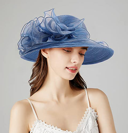 Bellady Big Brim Hat Organza Hats Summer Beach Cap Tea Party Wedding Fascinator Church Hats - color: Navy
