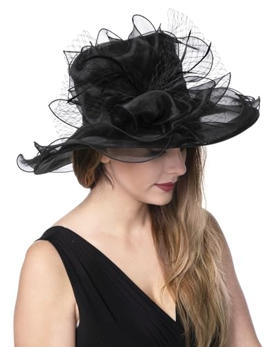 Haojing Women's Organza Church British Fascinator Bridal Tea Party Wedding Hat Summer Ruffles Cap - color: Hj23-black