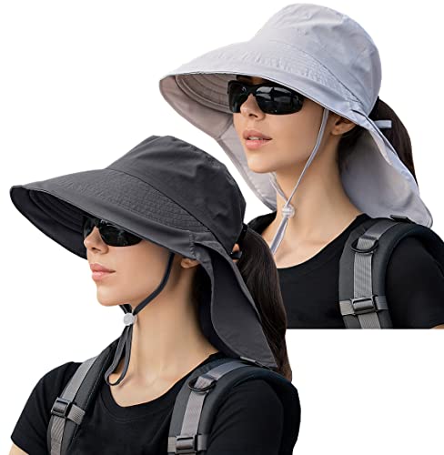 Womens Sun Hat UPF 50+ Wide Brim and Ponytail Hole, Hiking Safari Hat with Neck Flap… - color: Dark Grey & Light Grey