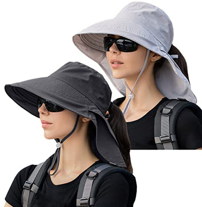 Womens Sun Hat UPF 50+ Wide Brim and Ponytail Hole, Hiking Safari Hat with Neck Flap… - color: Dark Grey & Light Grey