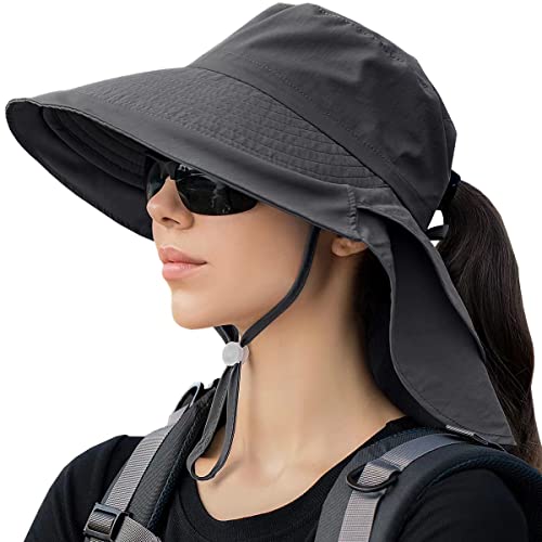 Womens Sun Hat UPF 50+ Wide Brim and Ponytail Hole, Hiking Safari Hat with Neck Flap… - color: Dark Grey