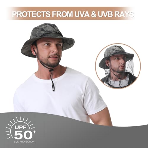 Mosquito Head Net Hat UPF 50+ Sun Protection Bug Hat for Men Women - color: Military Green Camouflage