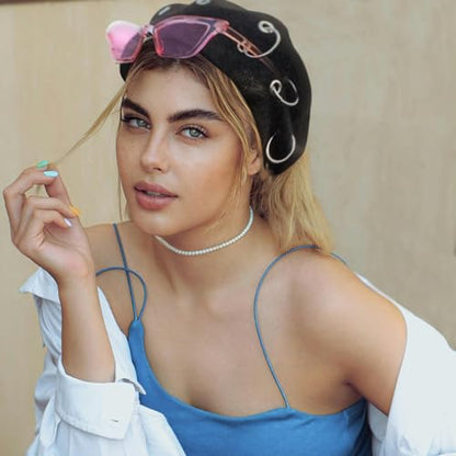 French Beret Hats Punk Iron Ring Beret for Women Fashionable Black