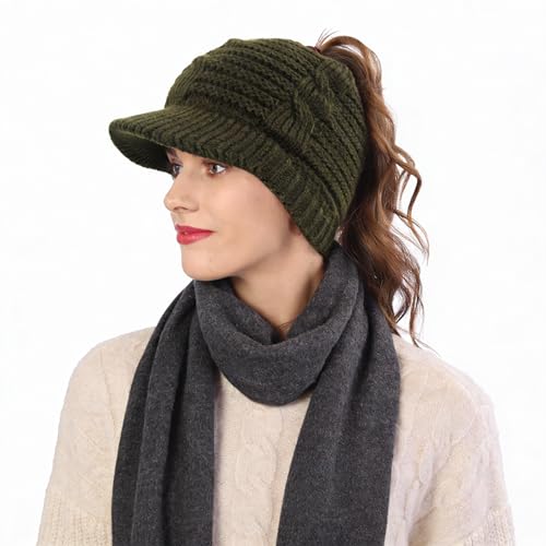 Women's BeanieTail Warm Knit Hat Messy High Bun Ponytail Visor Beanie Cap - color: B340-green, size: Medium