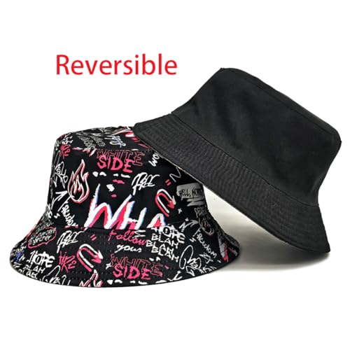 Shark Pattern Bucket Hat for Men Women, Reversible Double-Side-Wear Sun Hat, Packable Beach Fisherman Cap - color: Letter Graffiti
