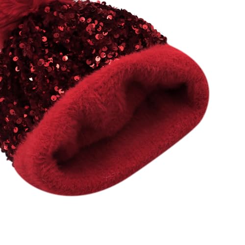 Women Girls Winter Sequin Beanie Hat with Faux Fur Pom Pom Knit Skull Cap - color: Red