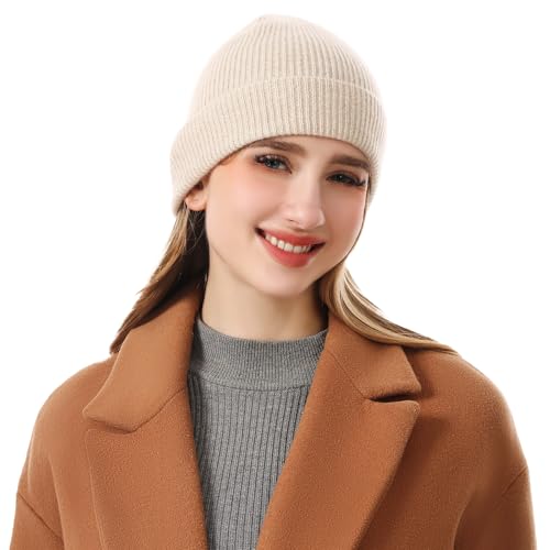 100% Cashmere Beanie for Women and Men, Soft Warm Winter Knit Hat - color: Camel