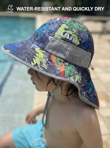 icolor Kids Sun Hat UPF50+ Sun Protection Bucket Hat Toddler Summer Beach Play Hats with Neck Flap for Girl Boy Ages 3~10 - color: Cutedinosaur
