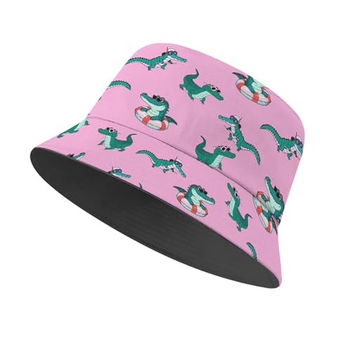 Amasnay Funny Bucket Hat Cotton Double-Side-Wear Reversible Sun Hat for Women Men, Summer Vacation Travel Beach Fisherman Hat - color: Funny Pink Crocodile