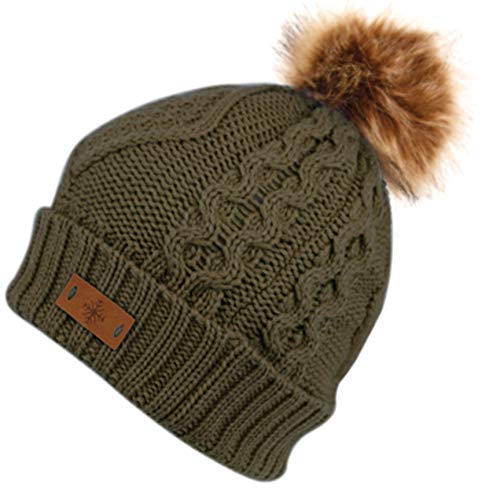 Women's Winter Fleece Lined Cable Knitted Pom Pom Beanie Hat - color: Dk Olive