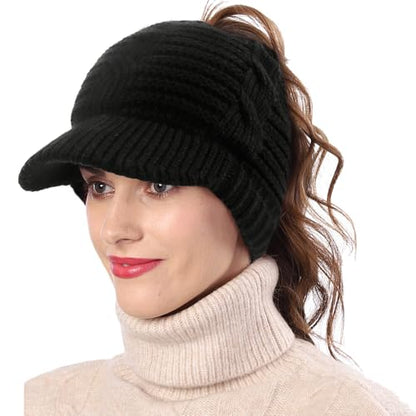 Women's BeanieTail Warm Knit Hat Messy High Bun Ponytail Visor Beanie Cap - color: B340-black, size: Medium