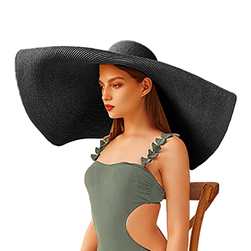 Oversized Beach Straw Hats for Women Floppy, Extra Large Sun Visor Hat Wide Brim Summer Roll Up Big Beach Hat Women Foldable - color: Diameter 70cm Black