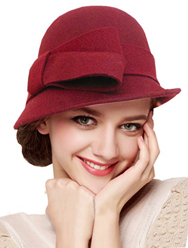 Bellady Women Solid Color Winter Hat 100% Wool Cloche Bucket with Bow Accent - color: Dark Red