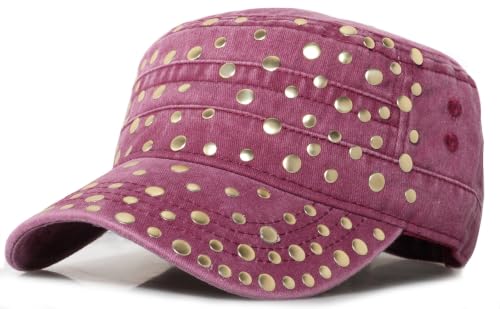 Studded Military Cap for Women Men Cadet Army Cap Flat Top Hat - color: Wine Red
