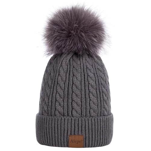 Alepo Womens Winter Beanie Hat, Warm Fleece Lined Knitted Soft Ski Cuff Cap with Pom Pom - color: Dark Gray