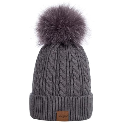 Alepo Womens Winter Beanie Hat, Warm Fleece Lined Knitted Soft Ski Cuff Cap with Pom Pom - color: Dark Gray