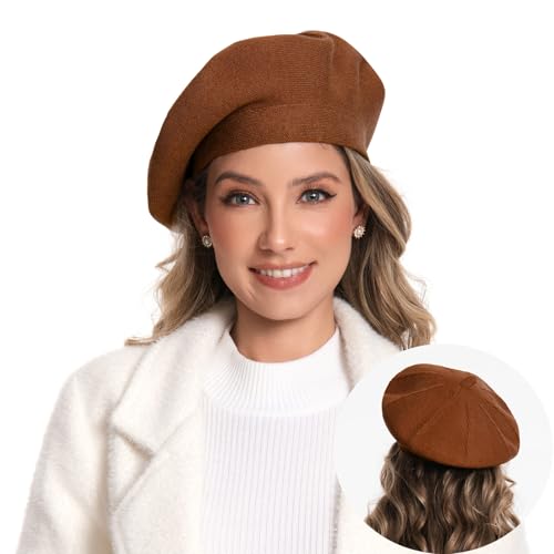 Women's Knitted Beret, French Style Double Layer Winter Autumn Warm and Soft Beanie Hat Cap - color: Orange Brown