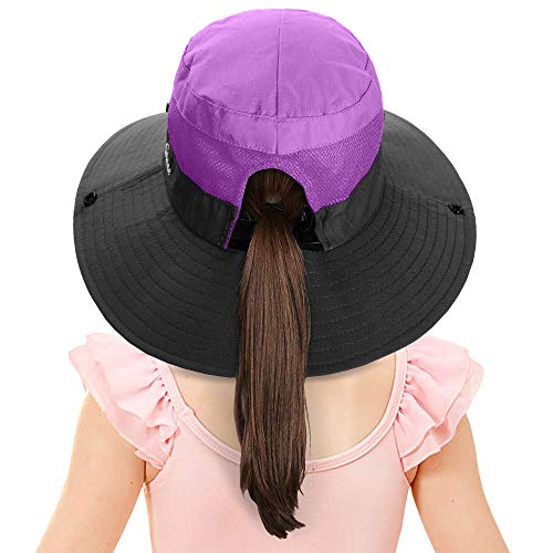 LCZTN Kids Ponytail Sun Hat Wide Brim UV Protection for Girls Beach Bucket Cap - color: Purple, size: Small