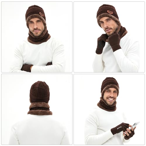MAYLISACC Winter Knit Beanie Hat Neck Warmer Scarf and Touch Screen Gloves Set 3 Pcs Fleece Lined Skull Cap for Men Women - color: Brown--3 Pcs--(hat+scarf+gloves)