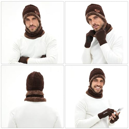 MAYLISACC Winter Knit Beanie Hat Neck Warmer Scarf and Touch Screen Gloves Set 3 Pcs Fleece Lined Skull Cap for Men Women - color: Brown--3 Pcs--(hat+scarf+gloves)