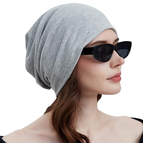 Slouchy Beanie for Women Men Thin Knit Winter Hat 93% Cotton Beanies - color: Light Grey