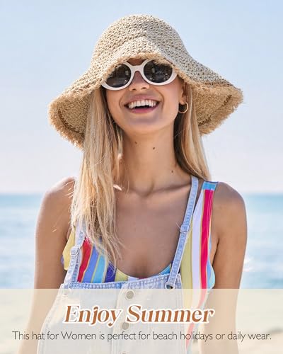 Beach Hats for Women, Straw Bucket Hats Packable Wide Brim - color: Beige
