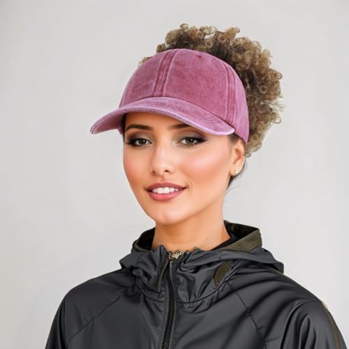 2 Pack Backless Cap for Women Natural Curly Hair Hat Baseball Cap Afro Puff Ponytail Hat - color: Black+red