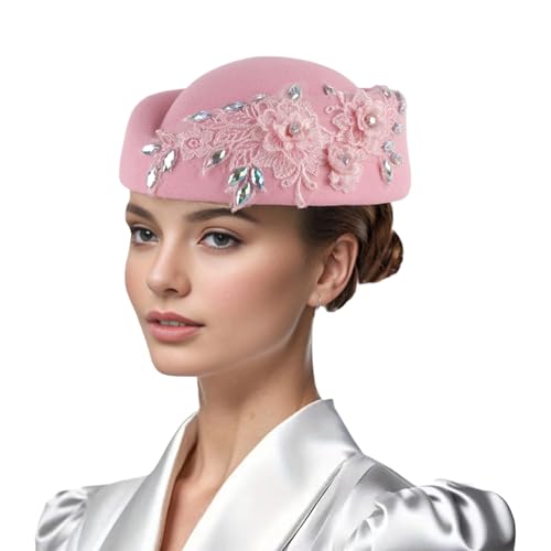 Women Vintage Church Hat Applique Felt Pillbox Hat Fascinator Tea Party Cap - color: Pink
