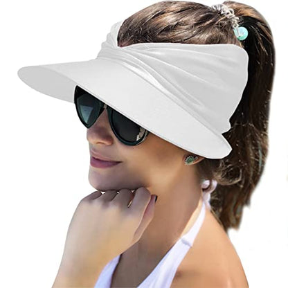 Muryobao Womens Sun Visor Hat Wide Brim Summer UPF 50+ UV Protection Beach Sport Cap - color: White