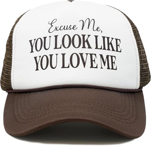 Funky Junque Premium Mesh Snapback Trucker Hat - Stylish Comfort for All - Patriotic, Humor & More - color: Excuse Me, You Look Like You Love Me - Brown/White